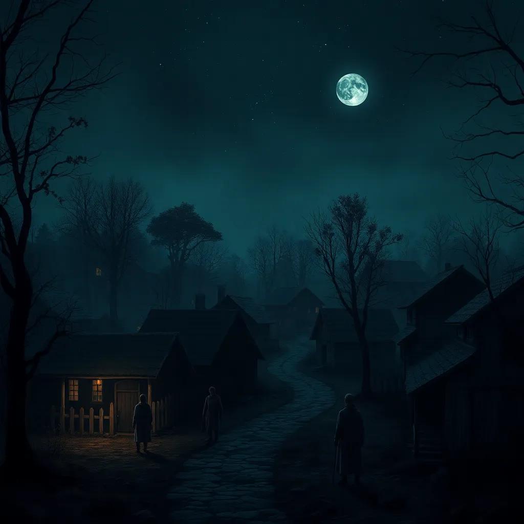 A dark and quiet village in Arcadia, during a starless night, shadows looming among trees, villagers looking scared and worried, digital art, dark tones, tense atmosphere, high detail