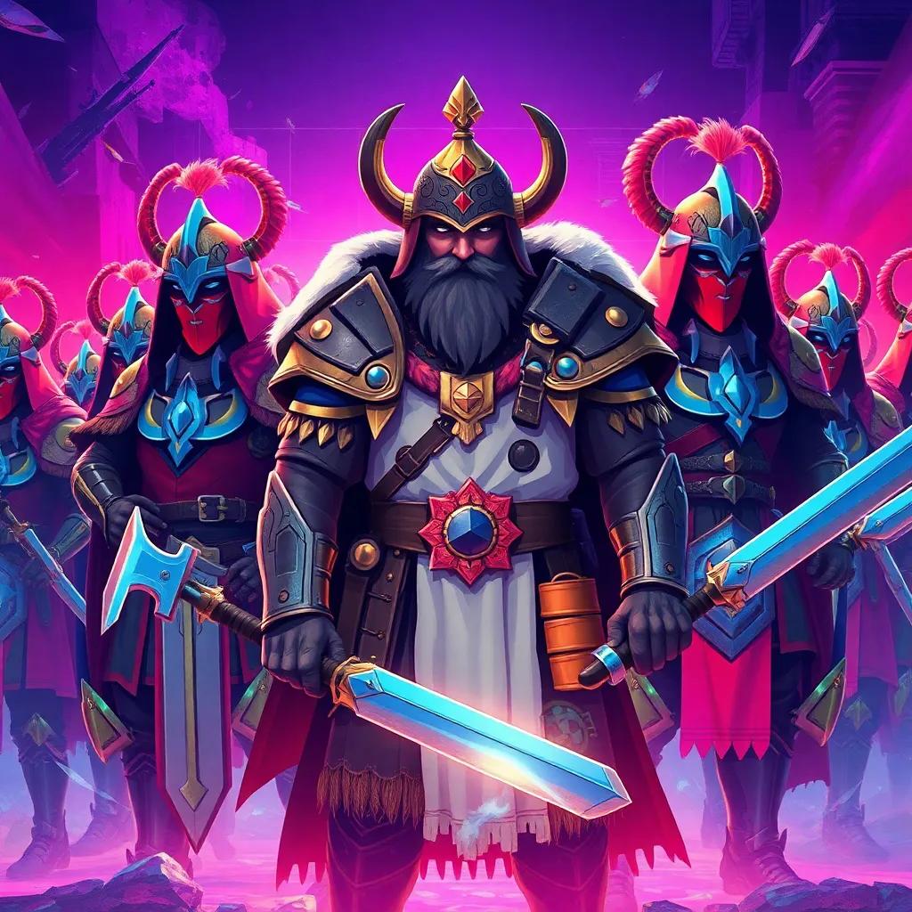 A group of brave warriors known as Skud, led by a wise man named Eron, wearing unique armor and preparing for battle, vibrant colors, heroic stance, high detail
