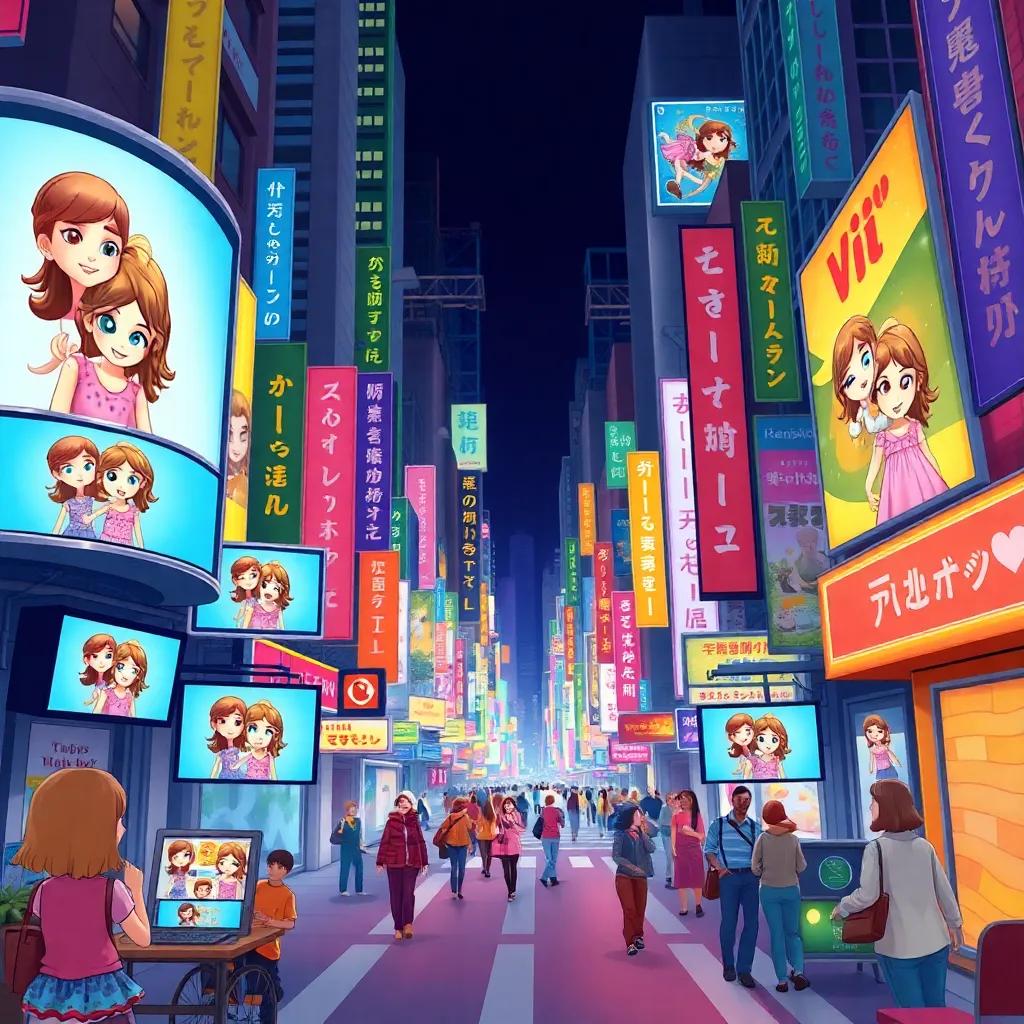 A busy city street with many screens showing videos of twin girls, Maria and Katalya, lively colors, bustling atmosphere, digital art, high quality