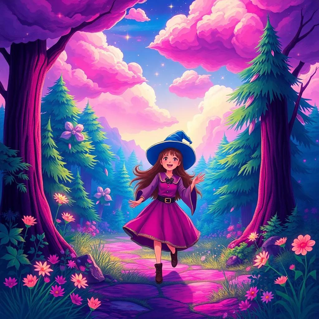 A magical world filled with bright colors and fluffy clouds, two young witches, Lona and Rachel, excitedly exploring a magical forest, illustration, vibrant, whimsical atmosphere, high quality