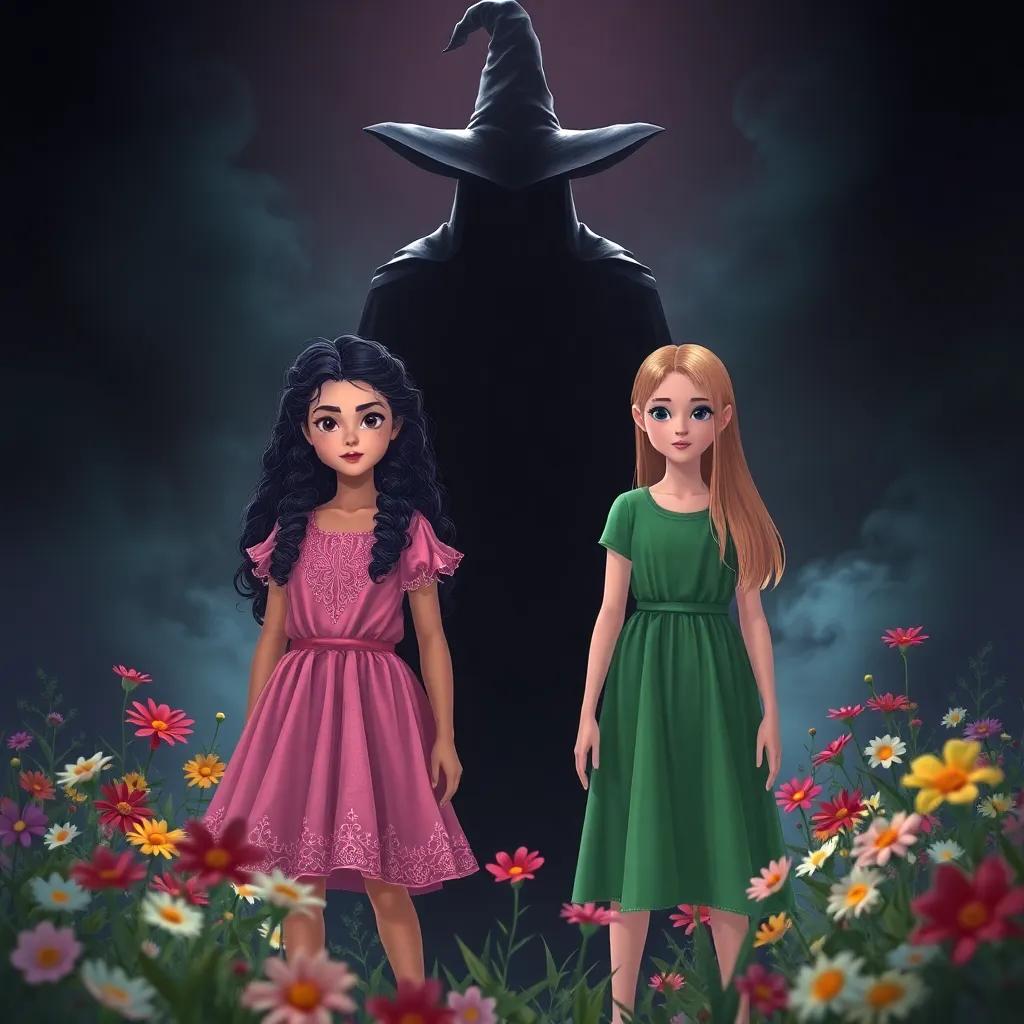 Lona, a young girl with long curly dark hair wearing a pink dress, and Rachel, a young girl with straight blonde hair in a green dress, standing bravely against a dark, shadowy figure representing an evil wizard, surrounded by colorful flowers, dramatic light, fantasy setting, storytelling view