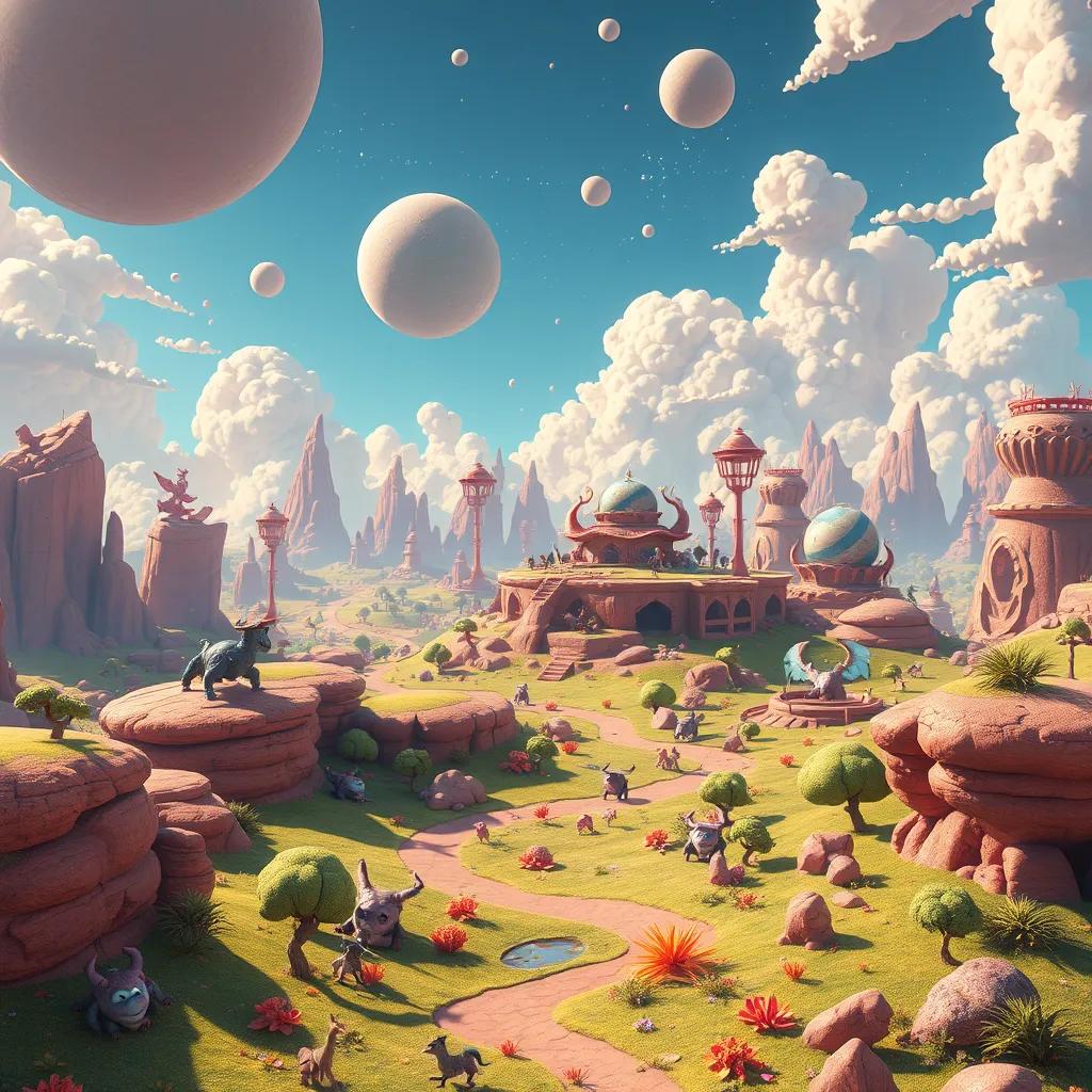 A distant planet named Zahra, filled with colorful creatures and vibrant landscapes, digital art, bright colors, cheerful atmosphere, high quality
