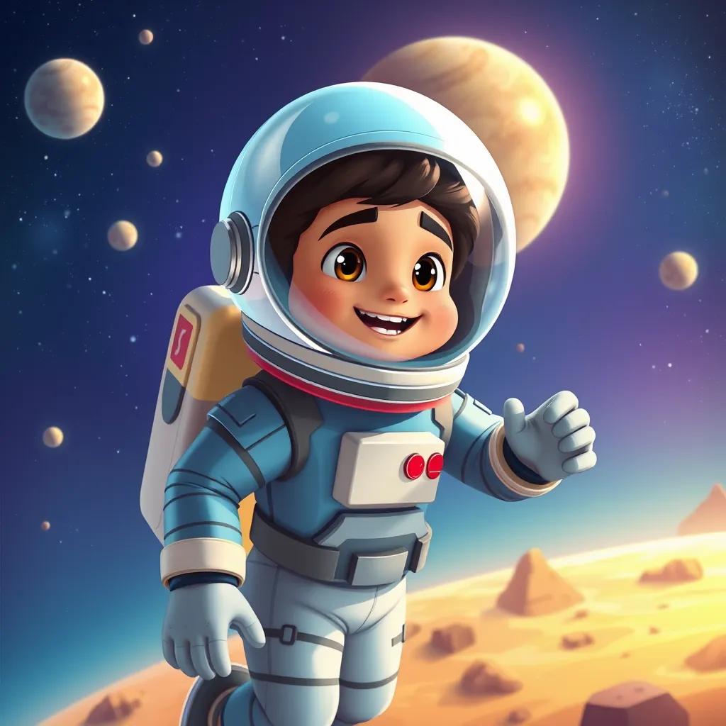 A brave Arab astronaut named Adel, wearing a shiny blue spacesuit, exploring the planet Zahra with wonder, illustration, adventure-themed, colorful and inviting