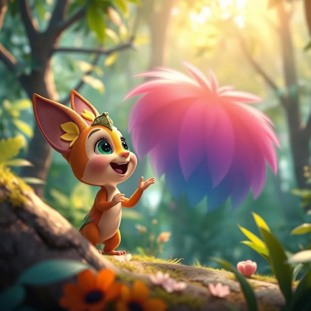 Zuzu, a small creature with rainbow colors, showing Adel the wonders of Zahra in a lush forest, joyful expression, digital painting, bright and lively