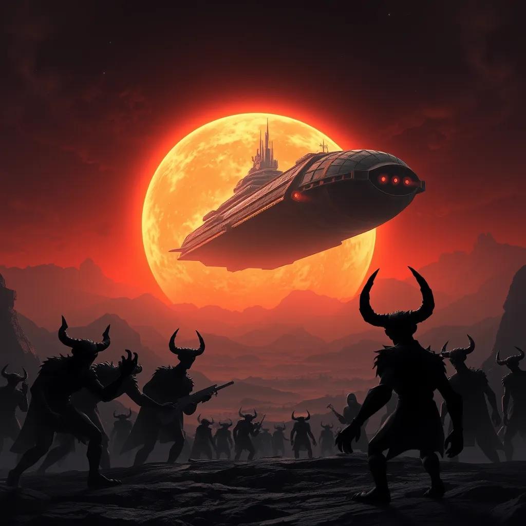 A large spaceship appearing in the horizon, with evil creatures plotting to take over Zahra, dramatic scene, dark colors, tension in the atmosphere