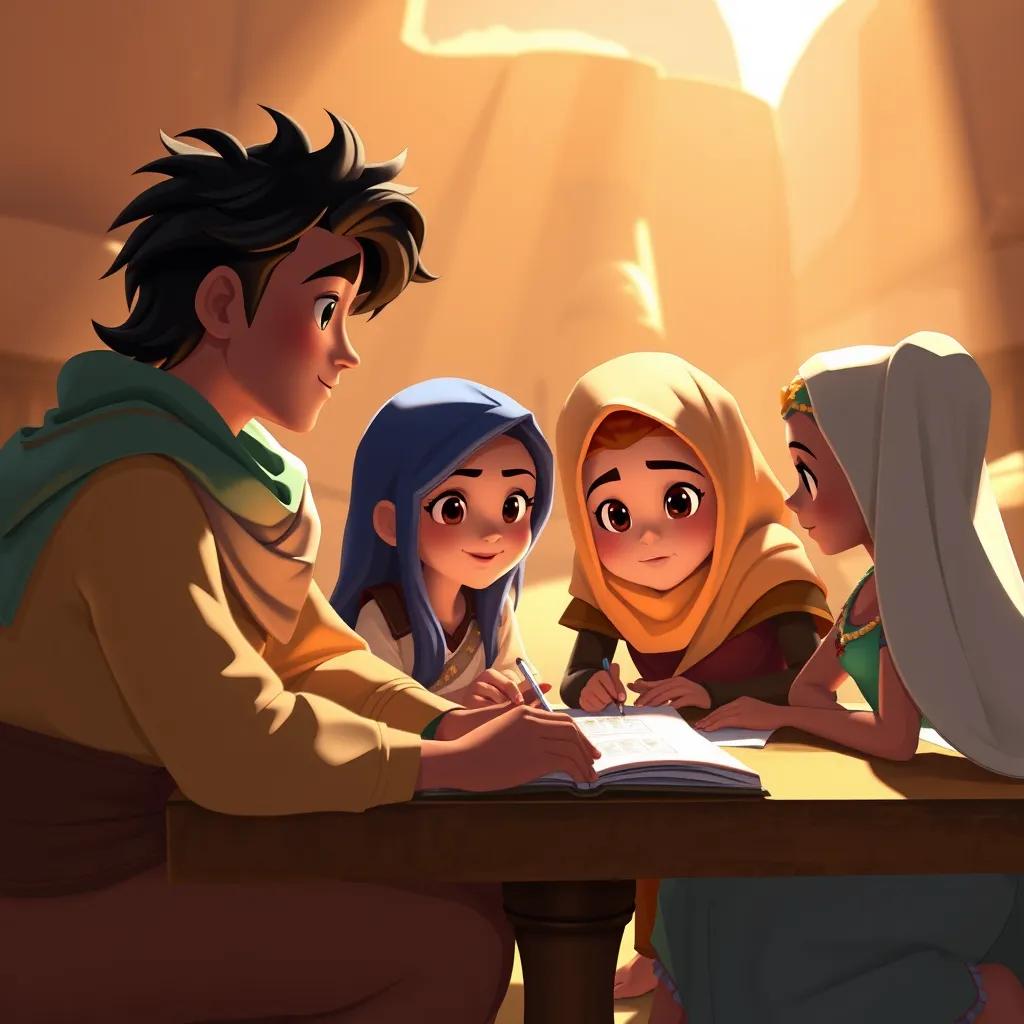Adel and Zuzu working together with new friends from Zahra, planning a courageous strategy to stop the invaders, teamwork and bravery, warm lighting, inspirational