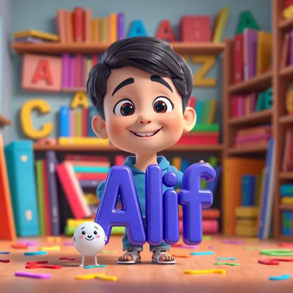 A playful letter 'Alif', a small character with a joyful face, standing in front of a boy named Ali who has short black hair, wearing a blue shirt and jeans, in a colorful room filled with books and letters, cartoon style, bright colors, cheerful atmosphere, vibrant and engaging