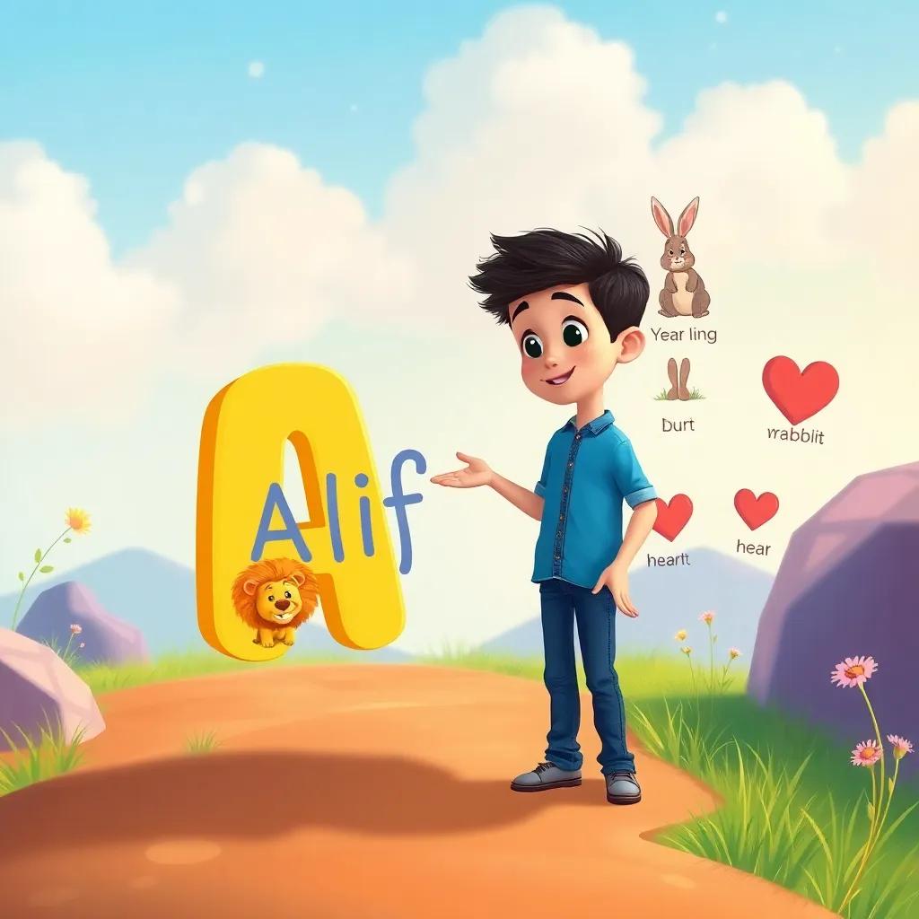 The letter 'Alif', drawn as a friendly character, explaining to Ali, a boy with short black hair in a blue shirt and jeans, about words with illustrations of a lion, a rabbit, and a heart, magical scene with bright colorful drawings, child-friendly and imaginative