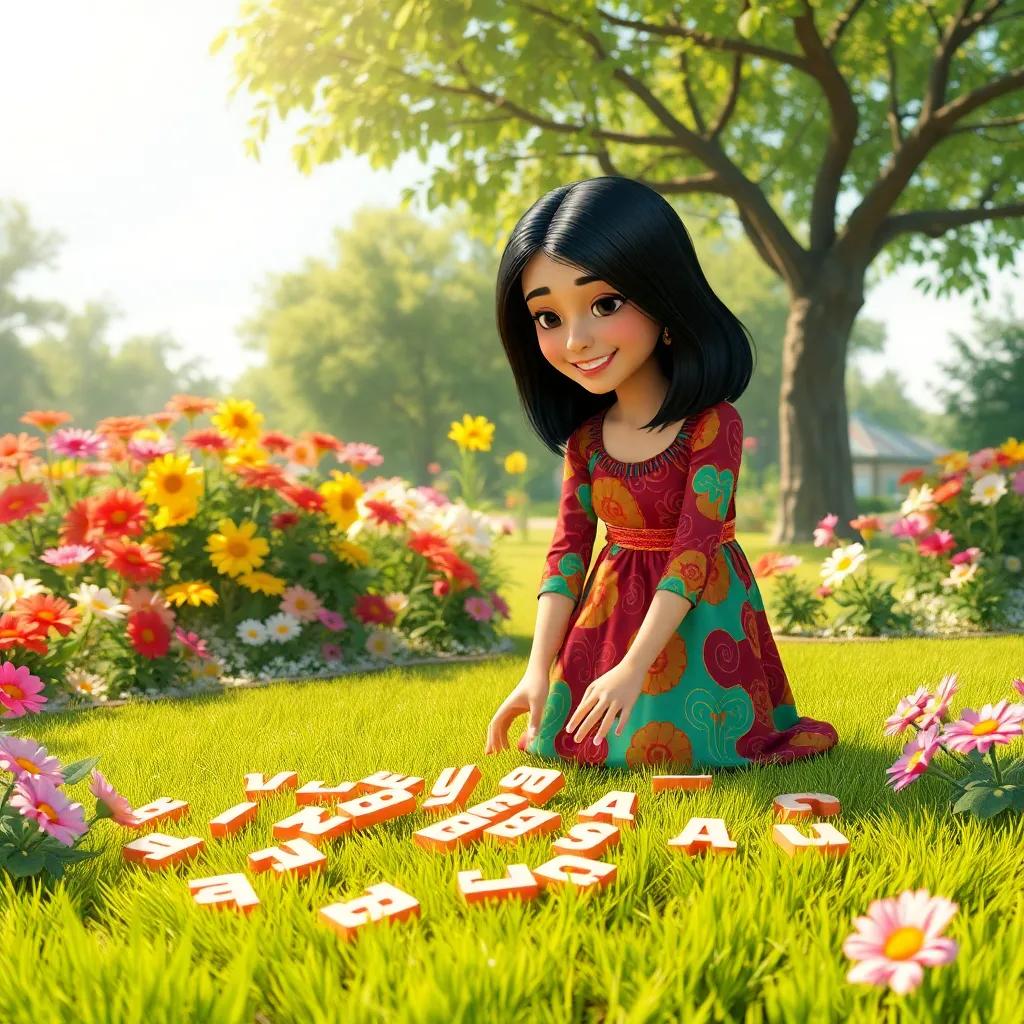 A mother, a Middle-Eastern woman, with medium-length black hair wearing a colorful dress, gathering Arabic letters scattered on the grass in a sunny garden surrounded by flowers and trees, cheerful atmosphere, vibrant colors, detailed digital art, inviting and playful, high quality