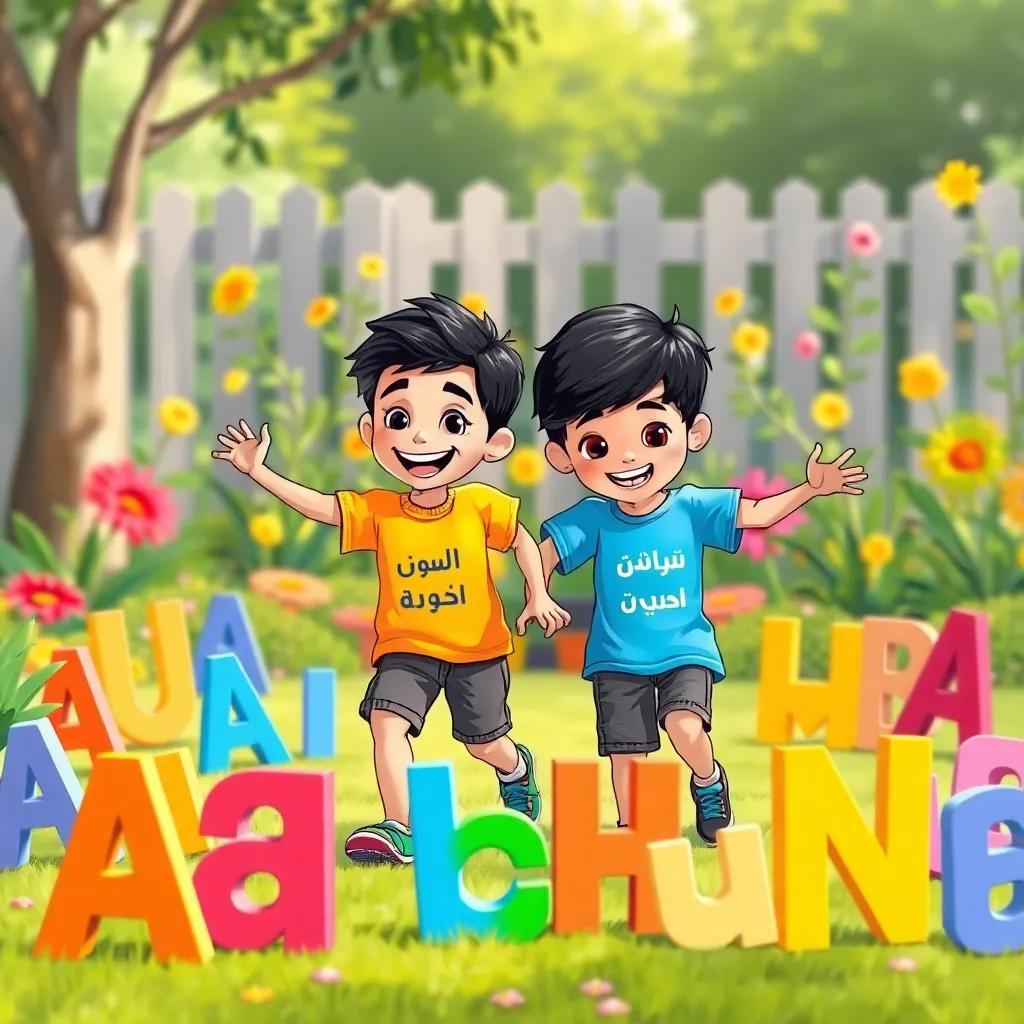 A joyful scene with children, including a Middle-Eastern boy and girl, with short black hair and wearing bright t-shirts, dancing in a sunny garden after gathering Arabic letters, surrounded by different colorful letters, playful and happy vibes, cheerful colors, illustration, lively and engaging, high quality