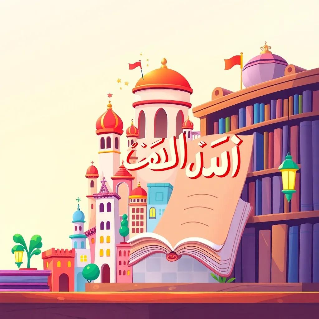 A colorful illustration of a small, magical city called 'لغتنا الجميلة' with Arabic letters cheerfully dancing, a big book on an old library shelf, bright colors, fairy-tale style, child-friendly, inviting atmosphere
