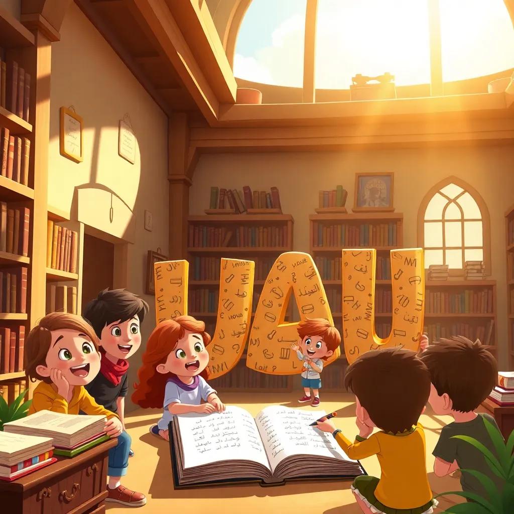 A sunny day in the old library where the Arabic letters are writing a story, with kids gathered around, joyful expressions, vibrant colors, storybook style, warm and cheerful lighting