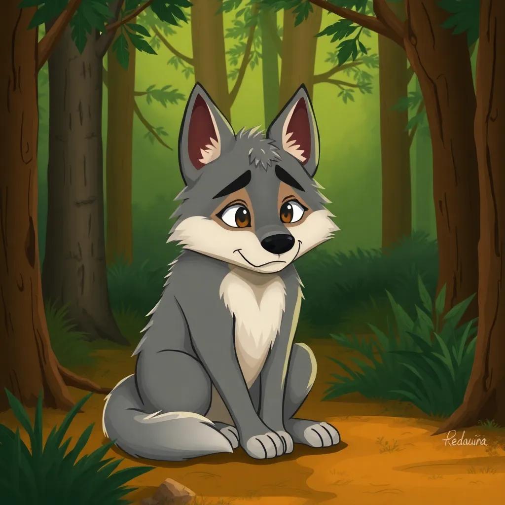 A wolf, looking hungry and tired, sitting in a forest with trees around, its expression thoughtful, digital art, warm colors, peaceful atmosphere, high quality