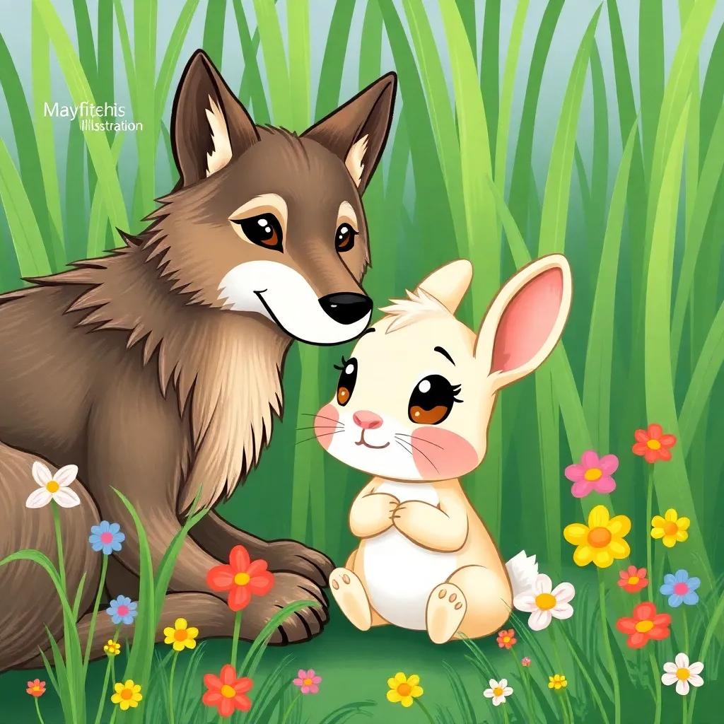 A small rabbit, with big eyes, sitting beside the wolf and listening carefully, surrounded by tall green grass and colorful flowers, illustration, cheerful and bright, child-friendly style