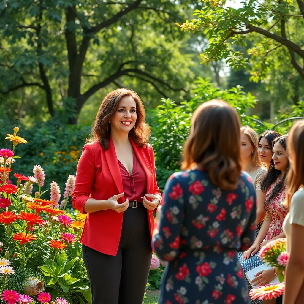 A brave woman, Sarah, standing in a beautiful garden with lush greenery and colorful flowers, speaking confidently to a group of women, all looking inspired and hopeful, cheerful atmosphere, digital art, vibrant colors, uplifting scene, high-quality