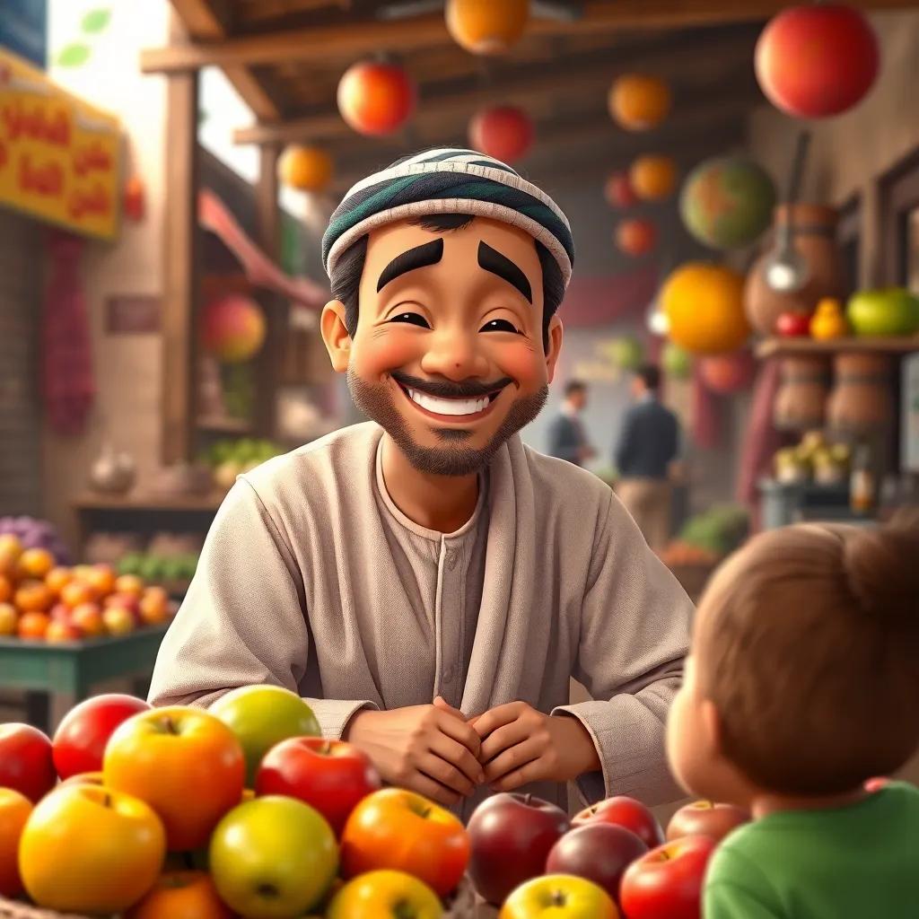 A cheerful man, عم زكي, with a kind face, wearing a traditional thawb, smiling at children in a small village market, surrounded by colorful apples on his table, digital art, vibrant colors, inviting atmosphere, high quality
