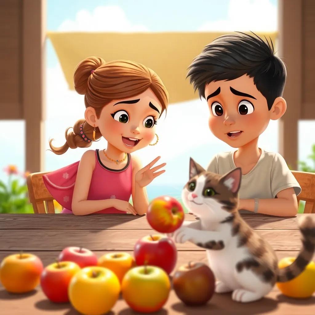 A playful scene with فاطمة, a young Arab girl with a ponytail, wearing a bright dress, and سامر, a young Arab boy with short hair in a t-shirt, looking worried as a mischievous cat knocks an apple off the table, colorful apples scattered, bright sunny day, cheerful vibe, high quality