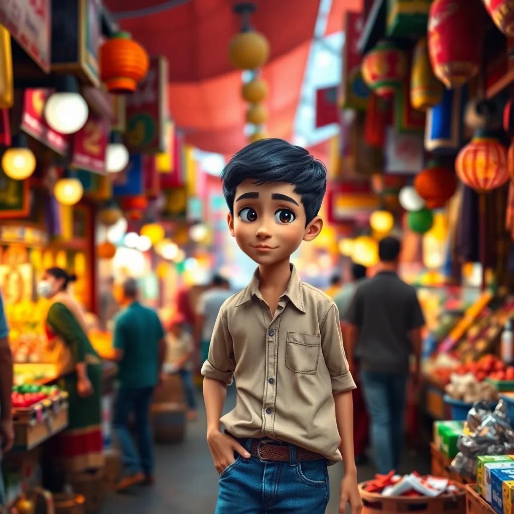 A young Arab boy, حسام, with short black hair wearing a simple shirt and jeans, working hard in a bustling market, surrounded by colorful stalls and busy people, digital art, vibrant colors, lively atmosphere, sharp focus, high quality