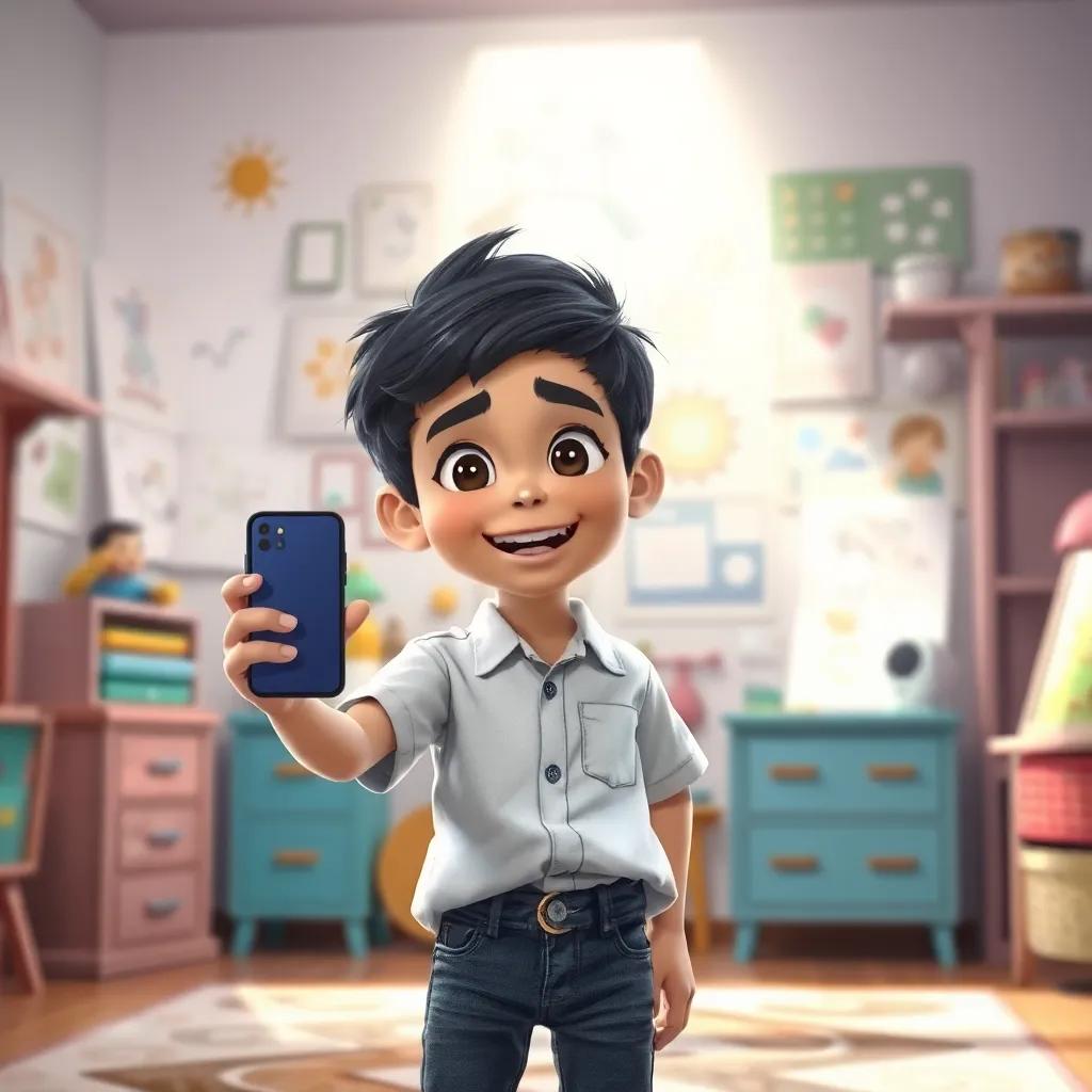 A young Arab boy, حسام, with short black hair wearing a simple shirt and jeans, holding a smartphone with excitement in his room filled with drawings and designs, bright lighting, cheerful colors, imaginative setting, sharp focus, high quality