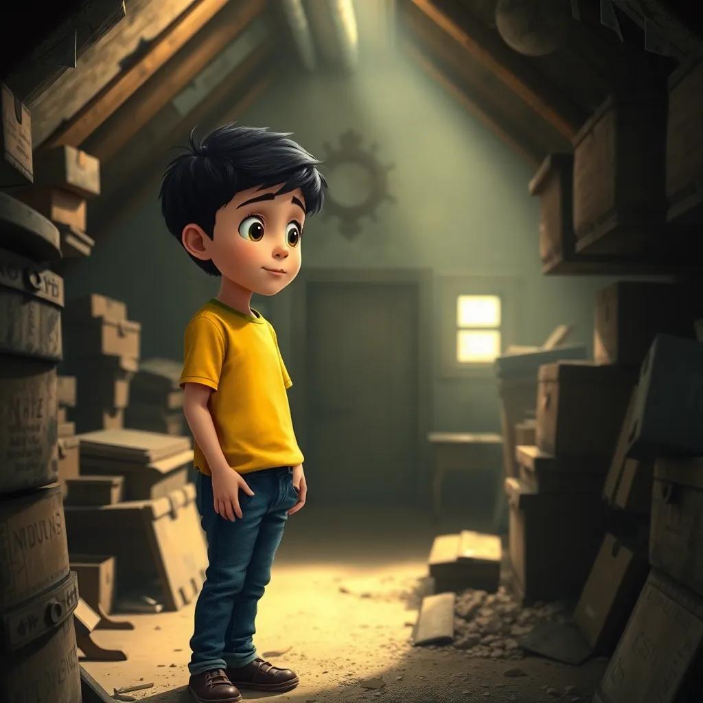 A young boy, Hussam, with short black hair, wearing a yellow t-shirt and blue jeans, standing in an old attic filled with dusty boxes and shadows, looking curiously at a small wooden door in the corner, soft light illuminating the scene, detailed, inviting atmosphere