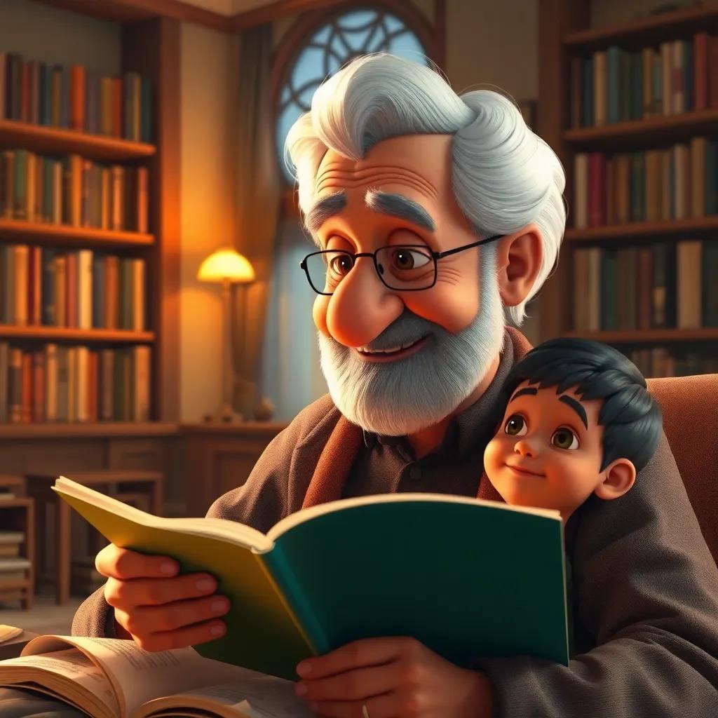 An elderly man, Hussam's grandfather, with gray hair and a gentle smile, sitting in a cozy living room with bookshelves filled with books, telling a story to Hussam about a mysterious door, warm lighting, the ambiance of knowledge and adventure