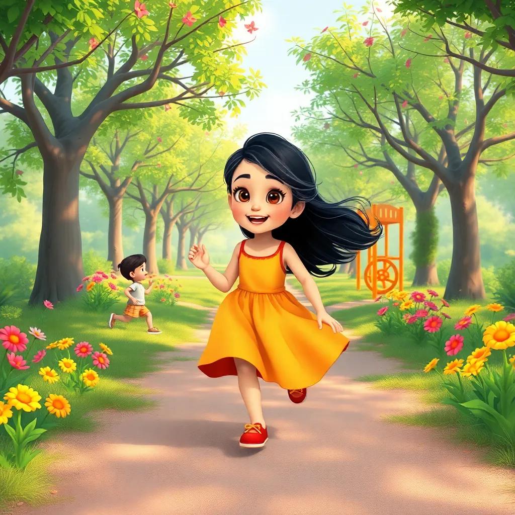 A young Arab girl, حسناء, with long dark hair, wearing a bright dress, joyfully running towards a playground filled with green trees and vibrant flowers, cute and cheerful children playing, digital art, colorful and inviting atmosphere, high quality