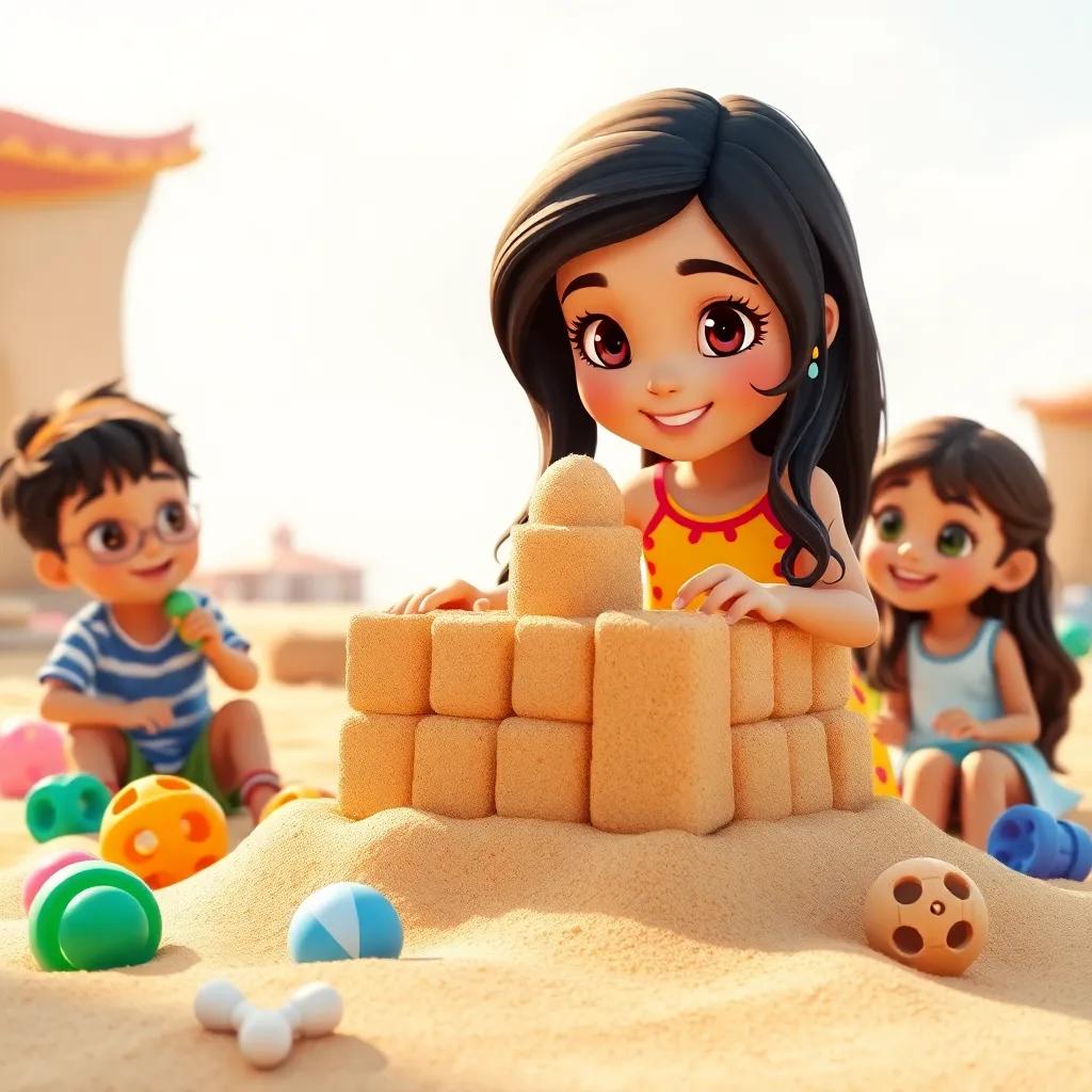 A young Arab girl, حسناء, with long dark hair, wearing a bright dress, building a big sandcastle with her friend علي and his sister مريم, surrounded by toys and sand, playful scene, bright sunlight, happy expressions, high quality
