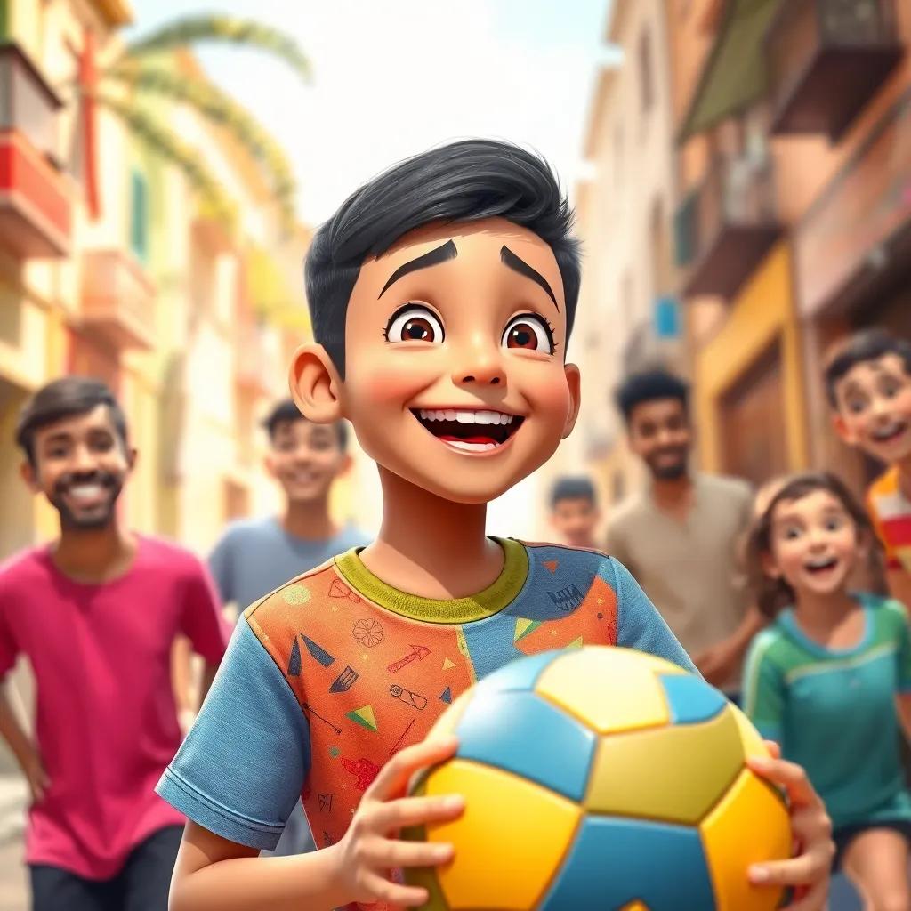 A joyful young Arab boy, Hasan, with short dark hair wearing a colorful t-shirt, playing with a ball in a sunny street with friends, lots of laughter, cheerful atmosphere, digital art, vibrant colors, playful vibes, high quality