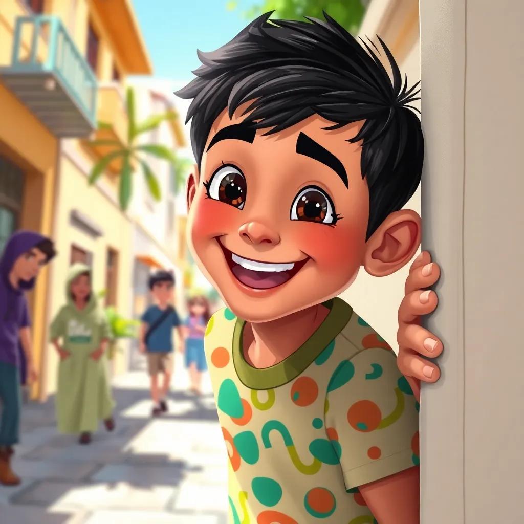 A joyful young Arab boy, Hasan, with short dark hair wearing a colorful t-shirt, hiding behind a wall in a sunny street with friends peeking out, full of excitement, bright and lively, digital painting, fun and engaging, uplifting, high quality