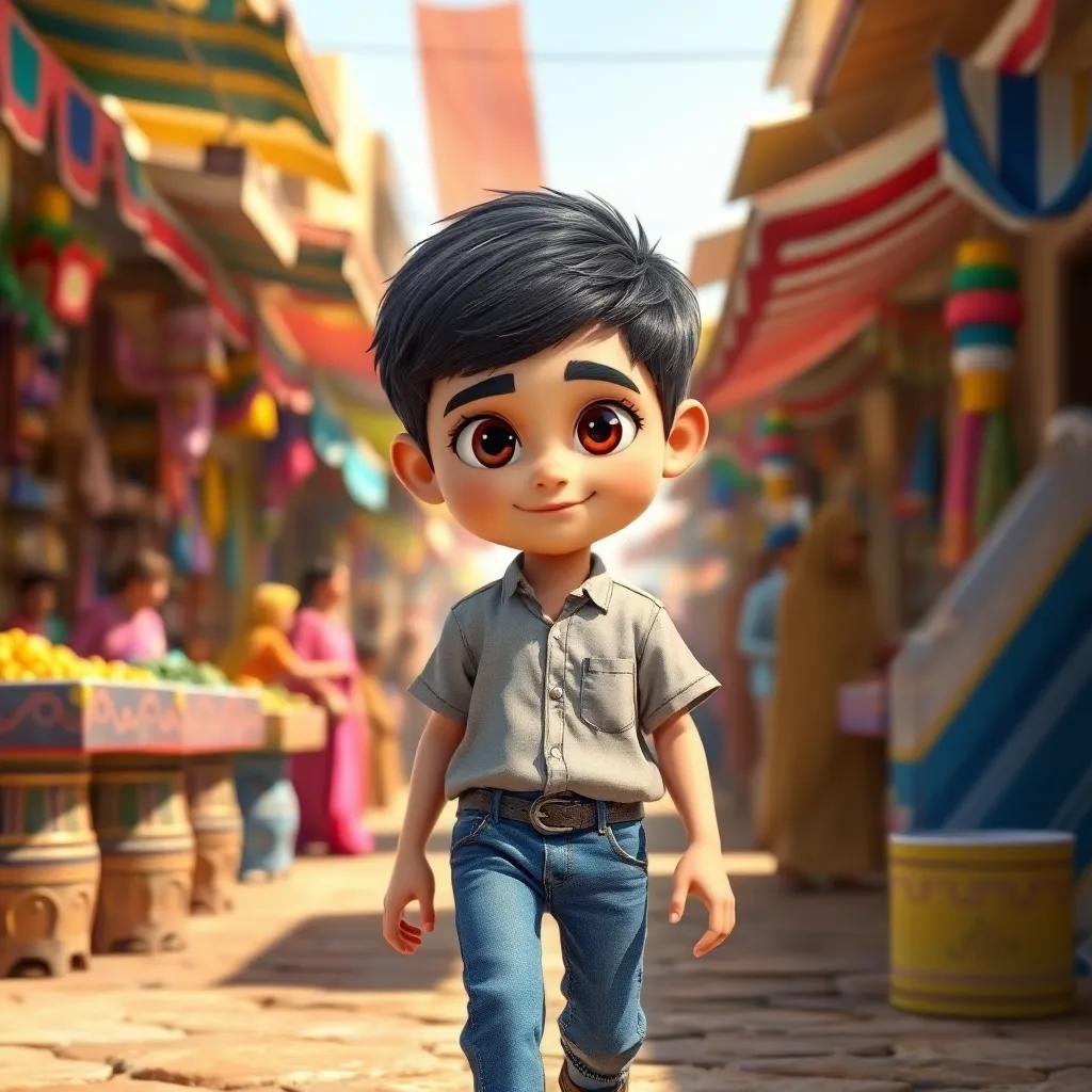 A small Arab boy named Hassan, with short dark hair, wearing a simple shirt and jeans, walking in a village market with colorful stalls and friendly villagers, digital art, bright and cheerful scenery, warm sunlight, engaging view, high quality