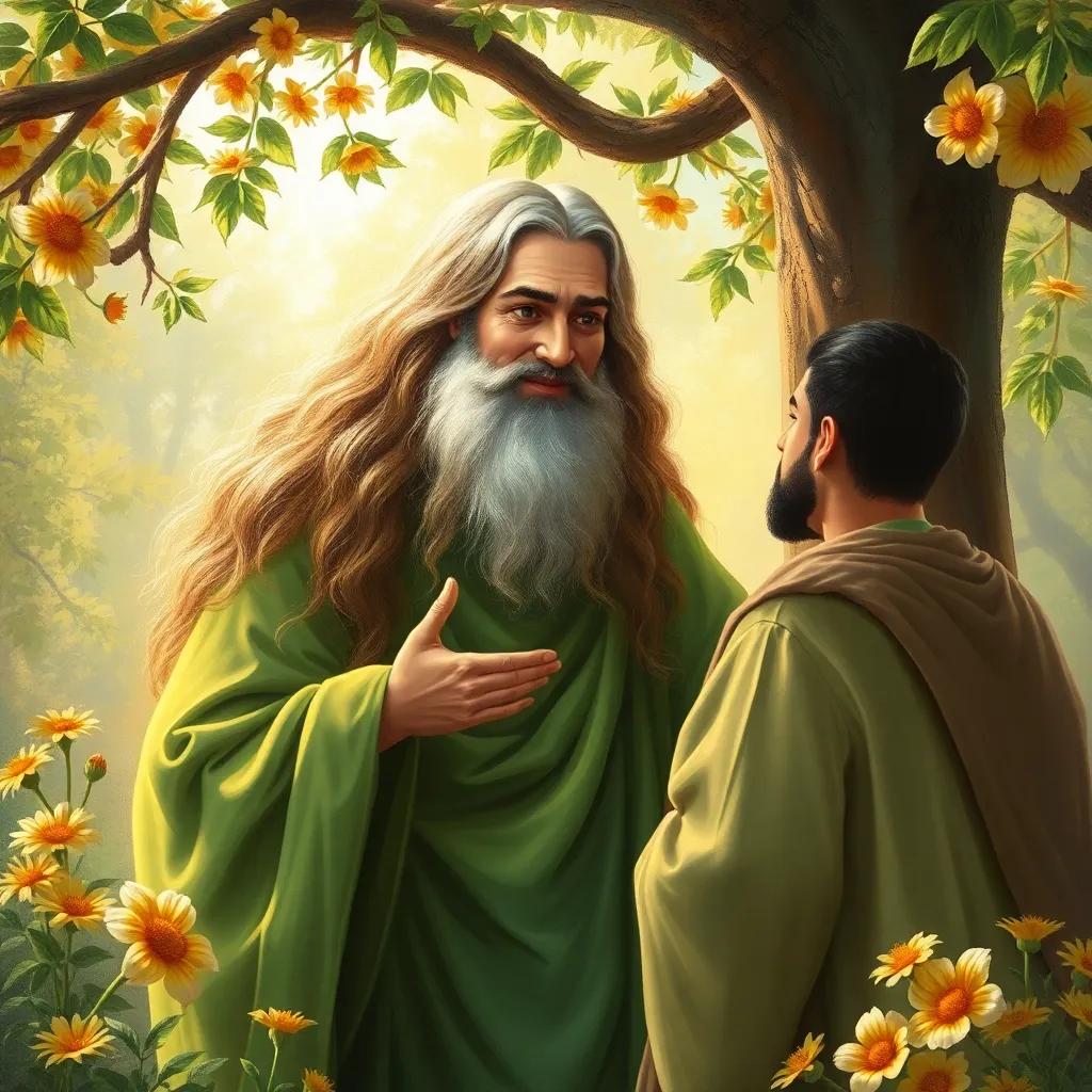 Imam Al-Mahdi, a kind figure with long hair and a gentle smile, wearing a beautiful green robe, speaking to Hassan under a tree, surrounded by bright flowers, wise and inviting expression, nature background, serene light, fantasy style, high quality