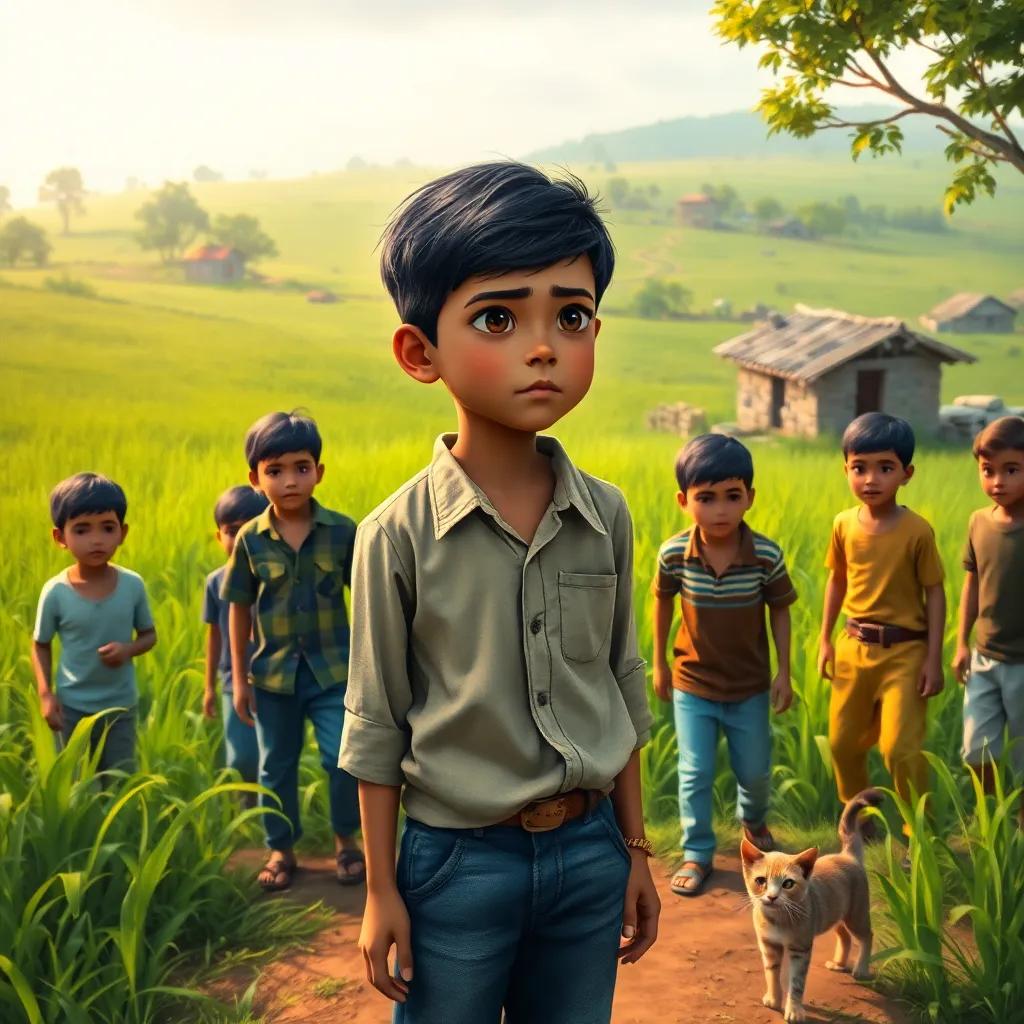 In a small village surrounded by green fields, a kind-hearted boy named Hassan, with short black hair, wearing a simple shirt and jeans, stands up to a group of boys throwing stones at a small cat, with a concerned expression, digital art, vibrant colors, emotional atmosphere, high quality