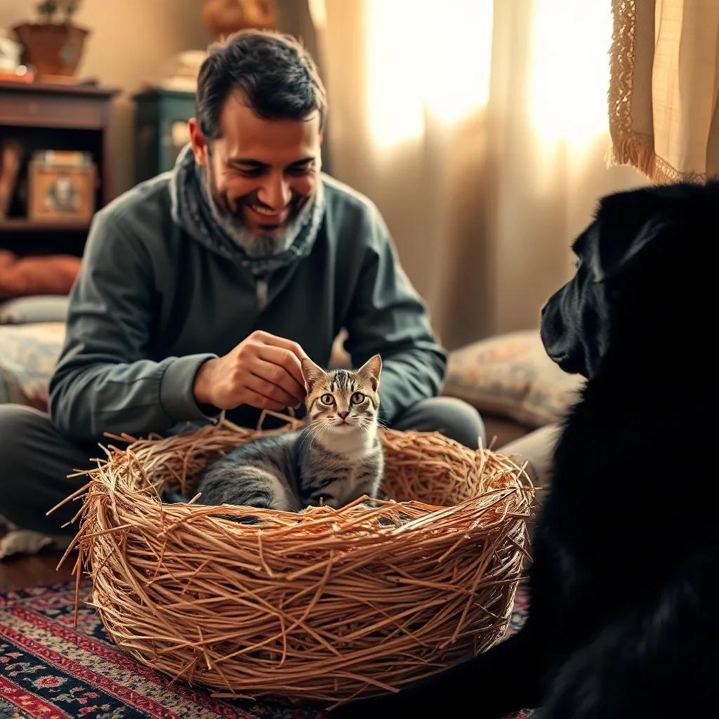In a cozy room, the cat in a small bed made of straw, with Hassan smiling as he feeds it, while his black dog Ra'ad sits beside him, indoors with warm light and soft colors, cozy imagery, high quality