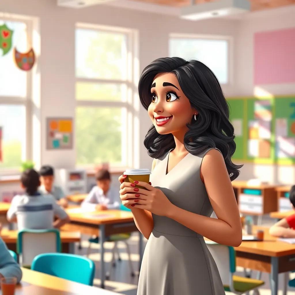 A bright classroom with windows letting in sunlight, Fatima, a woman in her early 30s with wavy dark hair wearing a stylish dress, holding a coffee cup, smiling while looking at the students, colorful classroom decor, digital art, vibrant, cheerful atmosphere, high quality