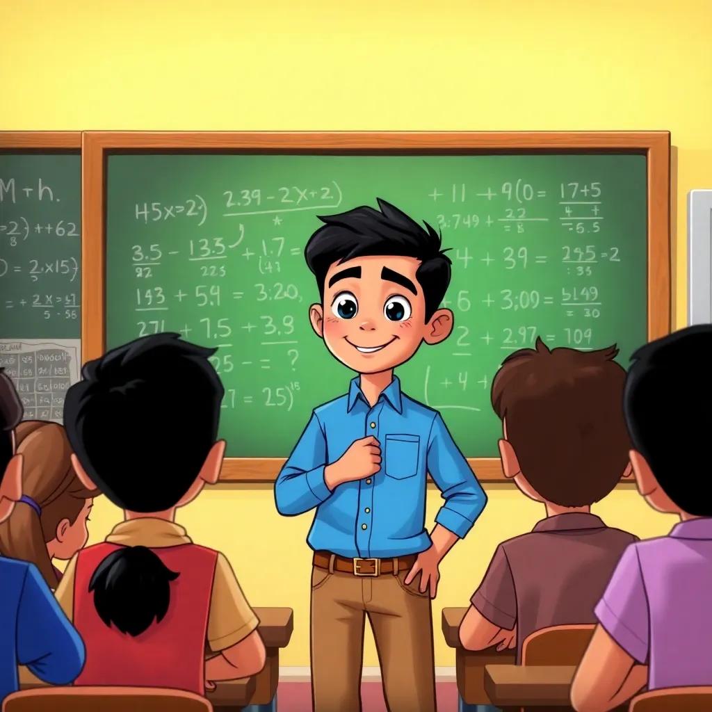 Hassan, a young boy with short black hair wearing a blue shirt, confidently standing in front of the class, with students looking curious and engaged, a chalkboard filled with math problems behind him, illustration, energetic and lively, child-friendly