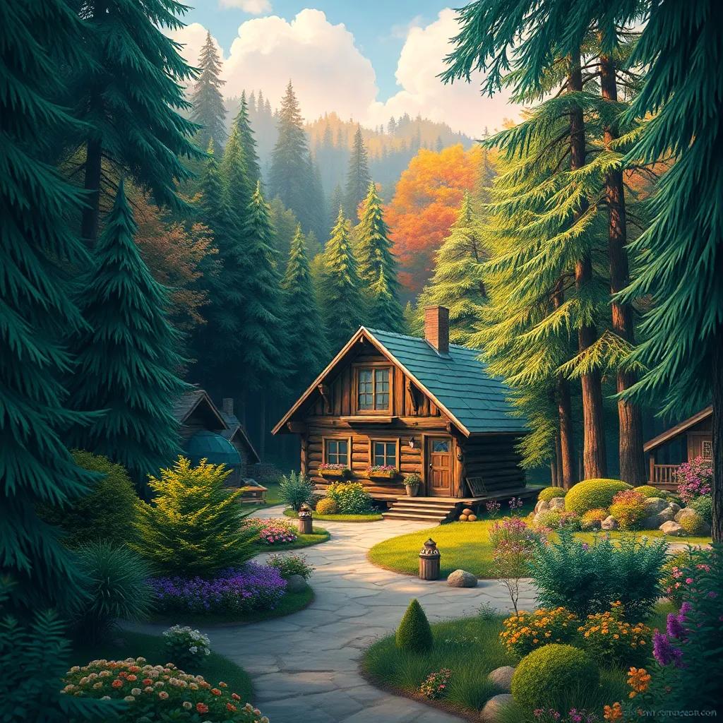 A small village surrounded by a dense forest, with a wooden house, vibrant colors, a cheerful atmosphere, capturing the essence of friendship, digital art, lively scene, inviting vibe, high quality