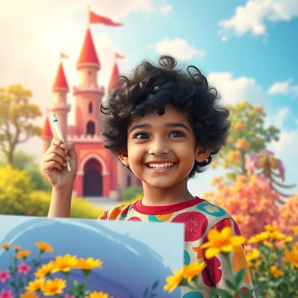 Hassan, a young boy with curly dark hair, wearing colorful clothes, painting a vibrant castle in the sky, surrounded by bright flowers and trees, a joyful expression, digital art, warm colors, playful scene, high quality
