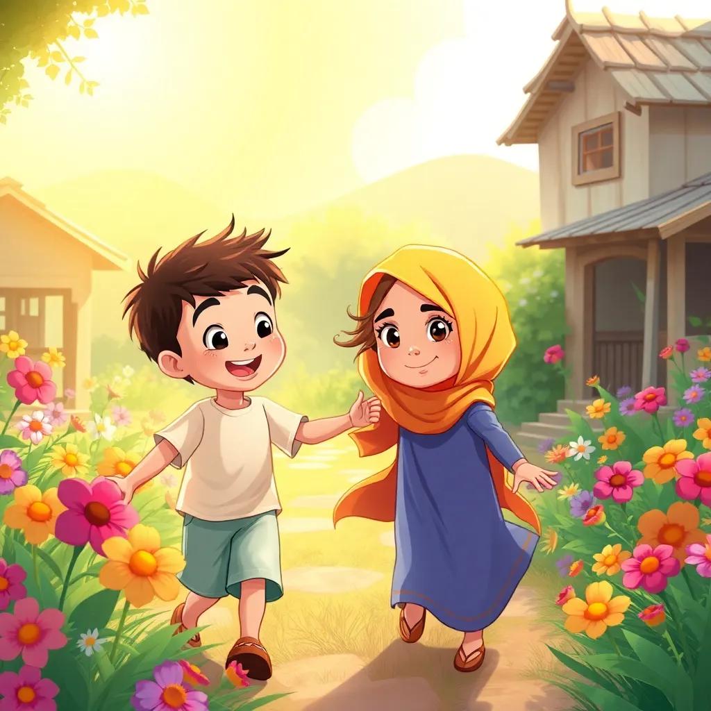 In a small village, two children, a lively boy, Hussein, and a loving girl, Waseem, playing together in a beautiful garden filled with colorful flowers, bright sunlight, cheerful atmosphere, digital art, vibrant colors, happy tones, high quality