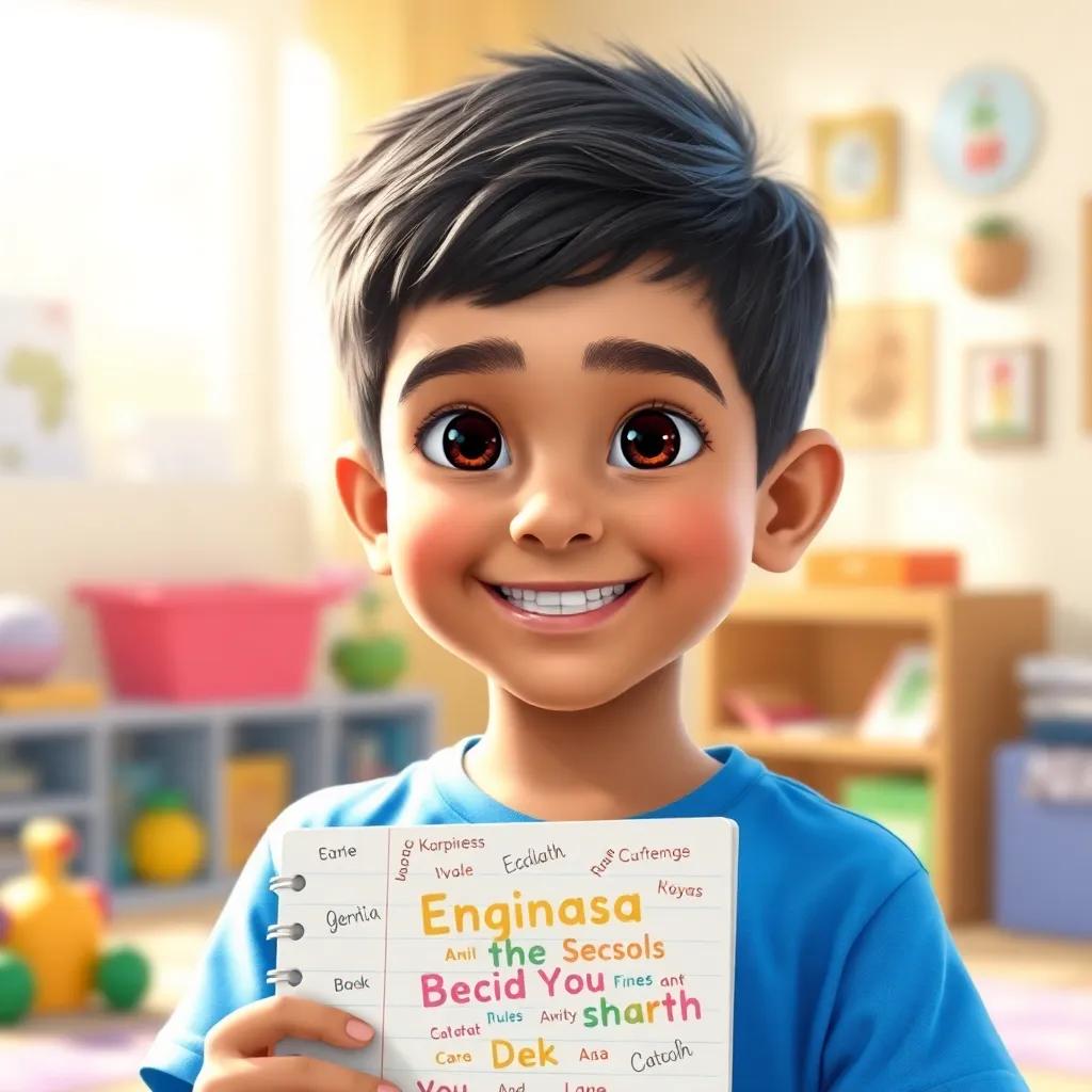 A young Arab boy, حسين, with short black hair wearing a bright blue t-shirt, smiling proudly with his colorful notebook filled with English words, background of a sunny room with toys and books, digital art, bright light, joy-filled scene, high quality