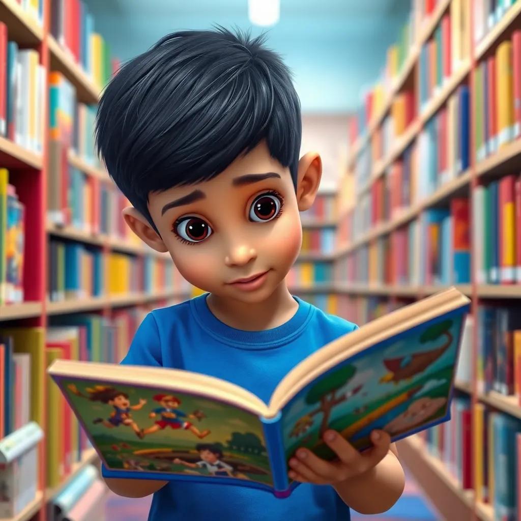 A young Arab boy, حسين, with short black hair wearing a bright blue t-shirt, exploring a colorful library filled with books, looking amazed at an English book with beautiful pictures, digital art, colorful setting, rich details, high quality