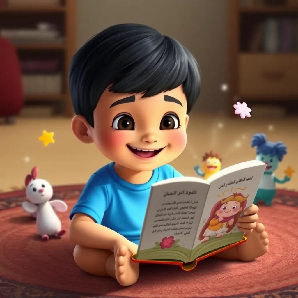 A young Arab boy, حسين, with short black hair wearing a bright blue t-shirt, sitting on a cozy rug reading an English storybook with big joyful expressions, surrounded by imaginary characters from the book, digital art, playful and vibrant, high quality