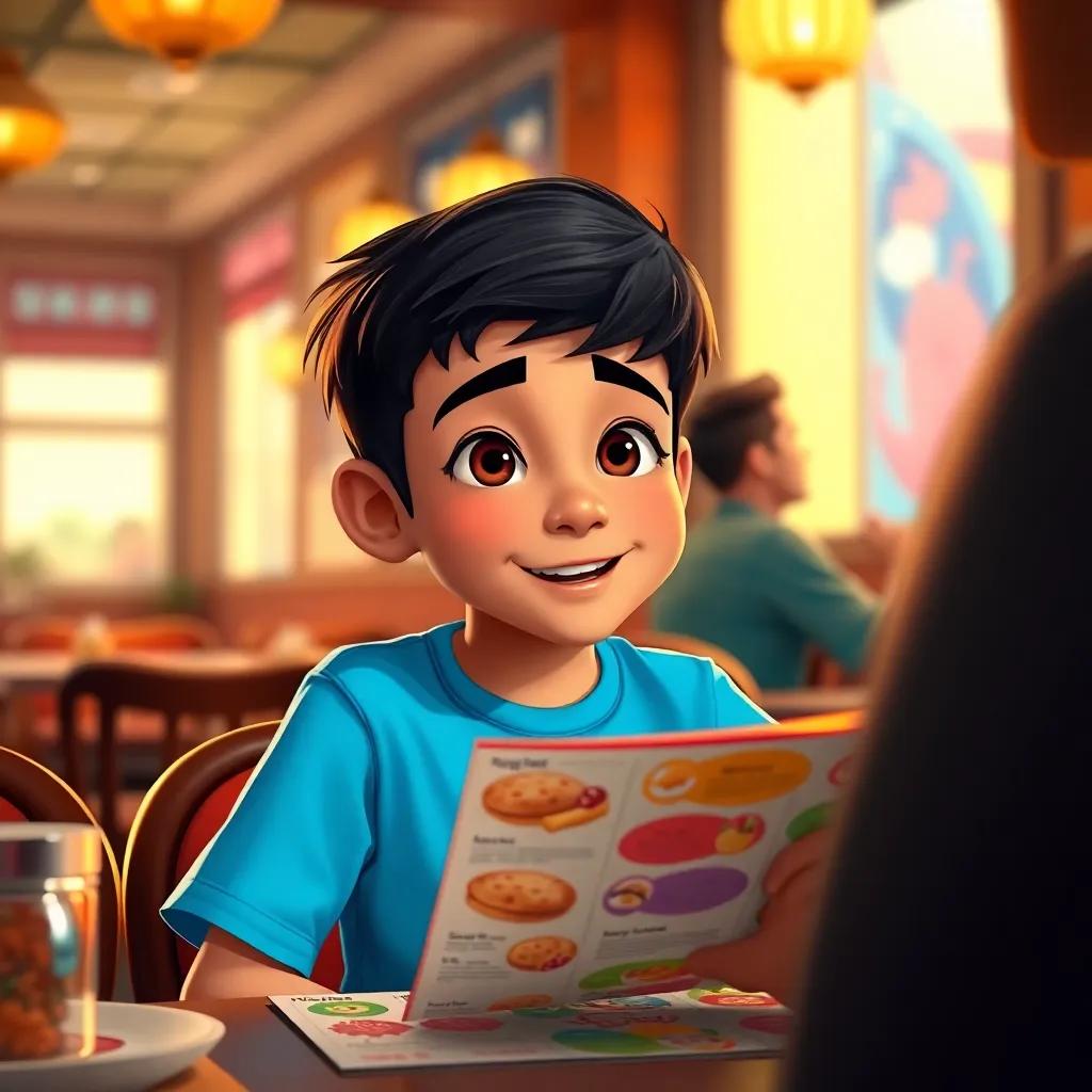 A young Arab boy, حسين, with short black hair wearing a bright blue t-shirt, sitting at a restaurant table with a colorful menu, confidently speaking to the waiter in English, warm light, happy atmosphere, high quality