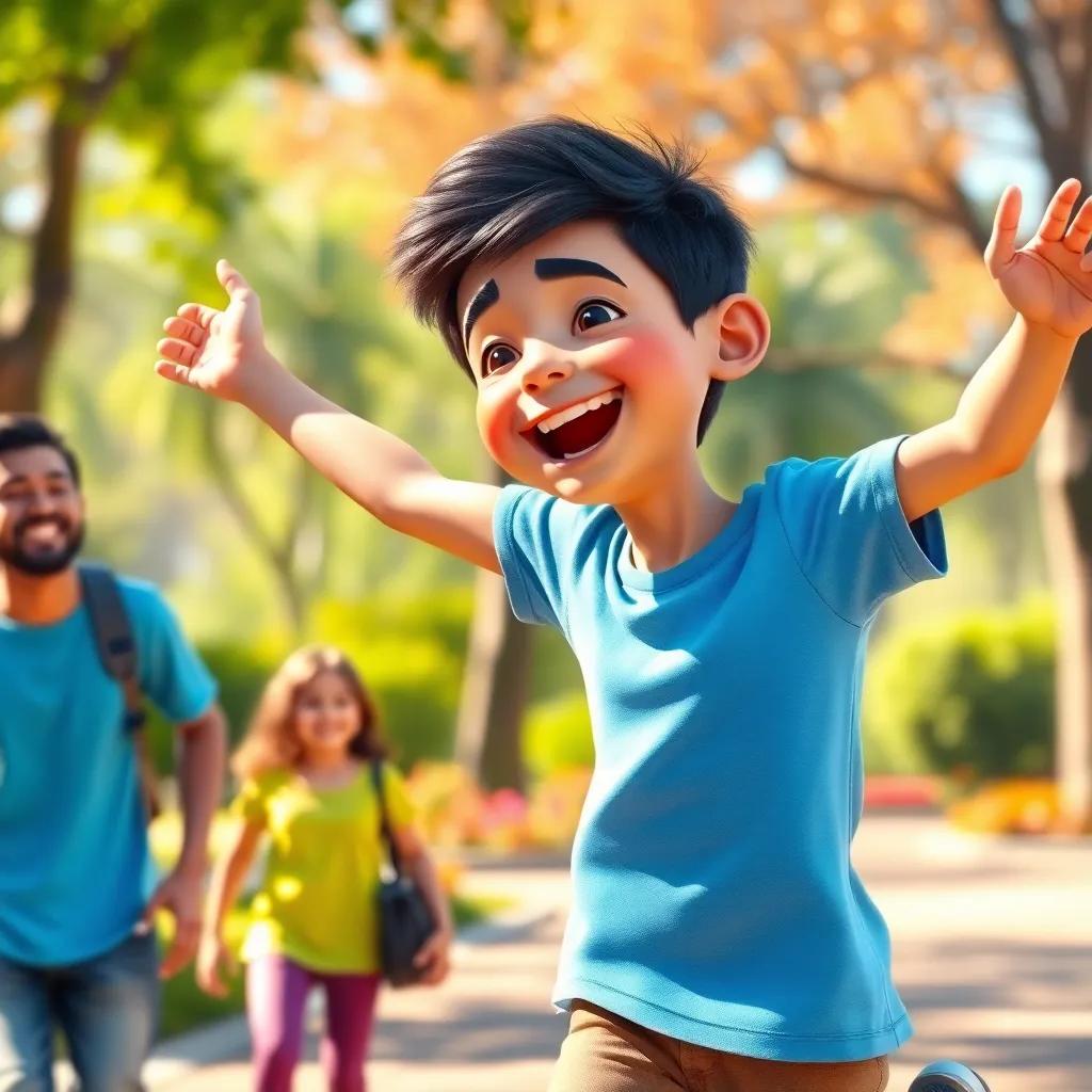A young Arab boy, حسين, with short black hair wearing a bright blue t-shirt, jumping with joy after speaking English well, with friends laughing and joining him, colorful park background, digital art, high energy, high quality