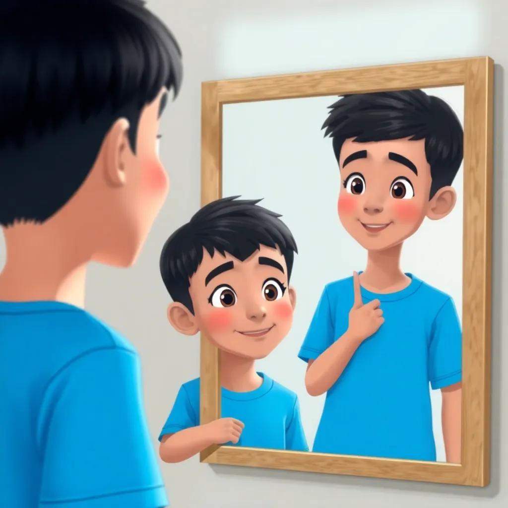 A young Arab boy, حسين, with short black hair wearing a bright blue t-shirt, practicing English in front of a mirror, mimicking different expressions while talking to himself, soft lighting, encouraging scene, high quality