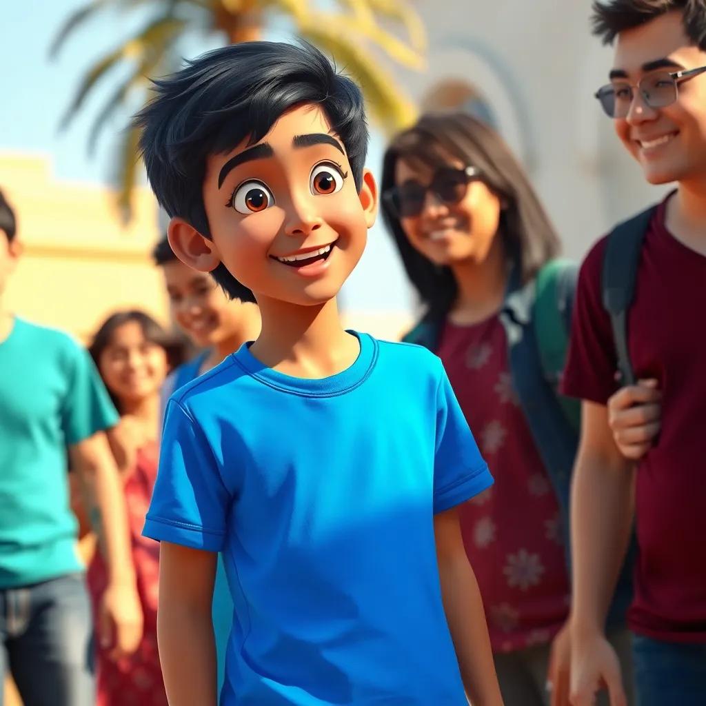 A young Arab boy, حسين, with short black hair wearing a bright blue t-shirt, standing outside with friends, trying to talk in English, everyone laughing and having fun, bright sunny day, digital art, joyful, high quality