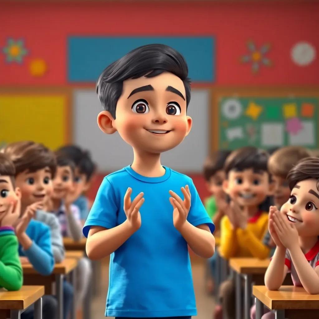 A young Arab boy, حسين, with short black hair in a bright blue t-shirt, confidently presenting in front of classmates, all applauding him with excitement, classroom background with colorful decorations, digital art, happy and inspiring, high quality