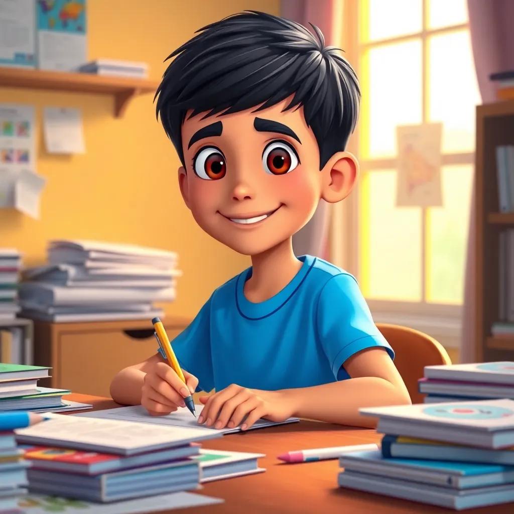A young Arab boy, حسين, with short black hair wearing a bright blue t-shirt, sitting at a desk full of English learning materials, writing diligently and smiling, warm light filling the room, encouraging atmosphere, high quality