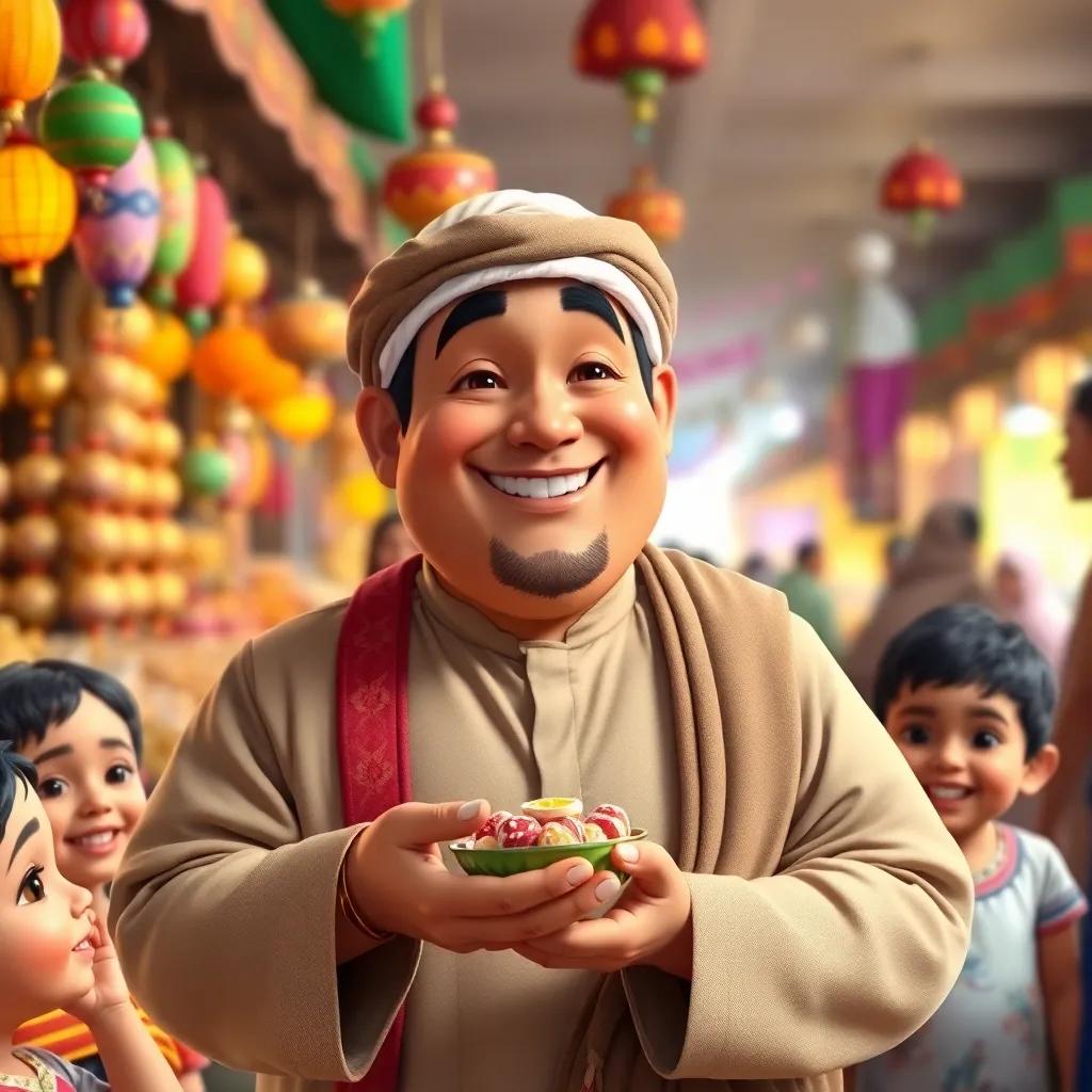 A cheerful Arab man, Hassoun, in his thirties with a round body, wearing traditional clothes, smiling and offering sweets to children in a lively market, digital art, vibrant colors, joyful atmosphere, high quality