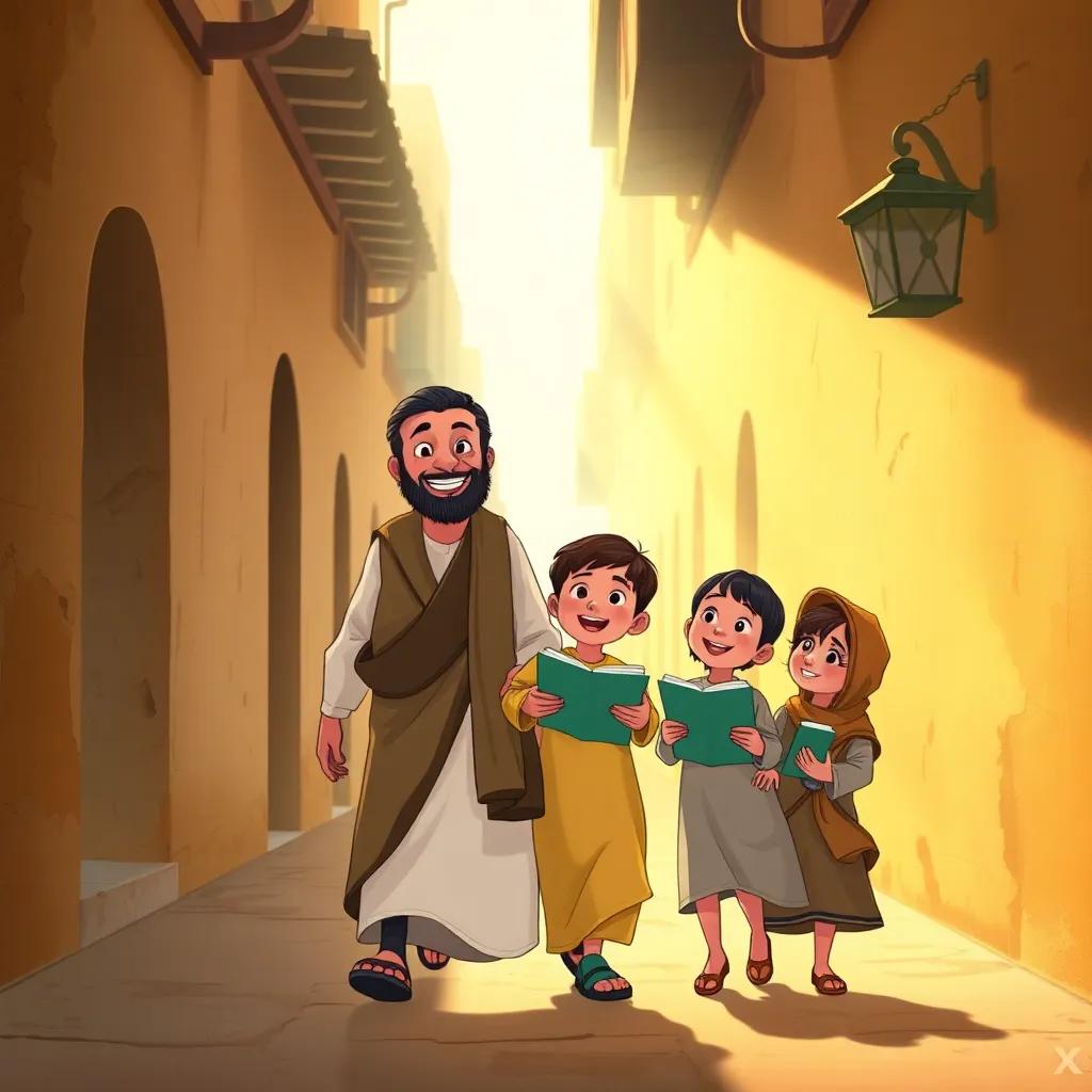 A happy Arab man, Hassoun, in his traditional clothing, walking with his two children through old alleys with sunlight streaming down, sharing stories and laughter, illustration, warm colors, nostalgic setting, child-friendly