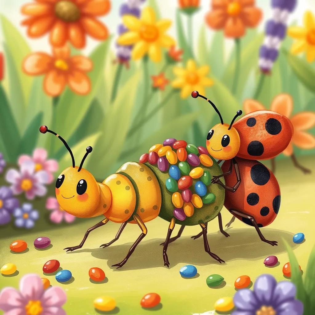 A small colorful insect, part of a group, gathering food together, carrying colorful seeds, teamwork visible, bright and cheerful garden background, illustration, vibrant colors, child-friendly